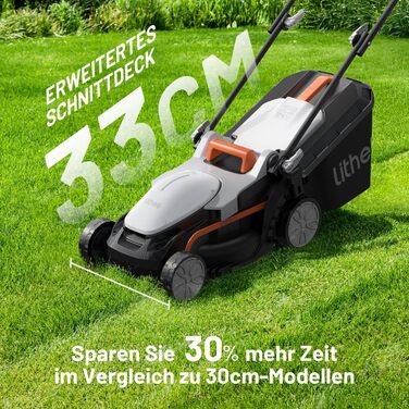 Акумуляторний газонокосарка Litheli 20V, ширина косіння 33 см, до 200 м², об'єм кошика 30 л, висота косіння 25-65 мм, з акумулятором 4.0 Ah