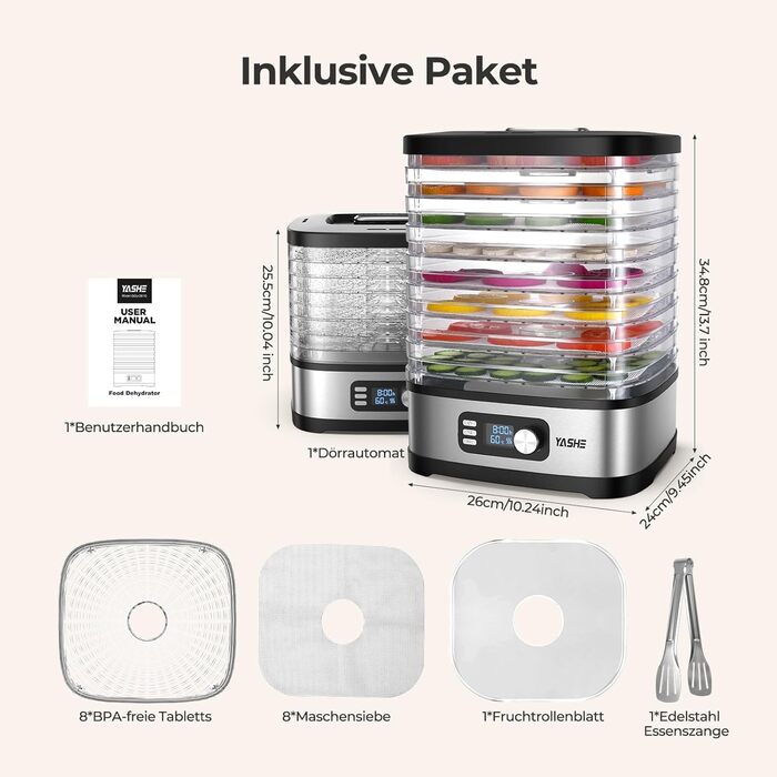 Сушарка для продуктів YASHE 8-ярусна, з регулюванням часу та температури до 72 год, з сітчастими вставками, роликом для фруктів та щипцями з нержавіючої сталі для м'яса, фруктів, овочів, трав, без BPA