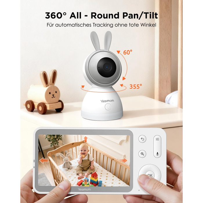 Відеоняня з камерою 1080P HD PTZ 360° та Wi-Fi: монітор для немовлят з додатком, нічним баченням, 4x Zoom, детекцією руху/звуку, двостороннім аудіо, автотрекінгом та сповіщеннями