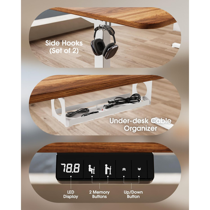 Електричний стіл з регулюванням висоти та кабельною ванною, з потужним мотором, контролером пам'яті та функцією захисту від зіткнень (білий)