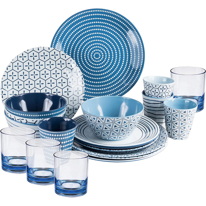 Набір посуду для кемпінгу на 4 особи, блакитно-білий, з меламіну, 16 предметів. Ідеально для кемпінгу, трекінгу, подорожей та пікніків.