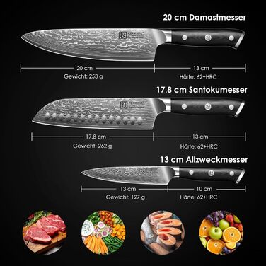 Набір кухонних ножів Keemake Damast 3 шт. з дамаської сталі 67 шарів, ергономічна ручка G10, кухонний ніж, саторі, універсальний ніж. Ідеальний подарунок на День батька