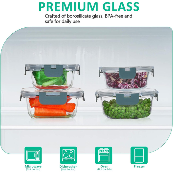 Набір скляних контейнерів для зберігання продуктів Komuee (24 шт.) з кришками, BPA-free, для мікрохвильовки та посудомийної машини, сірий