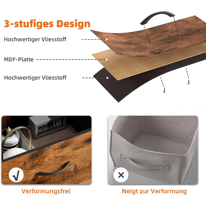 Комод Somdot для спальні, вітальні, передпокою з висувними ящиками, LED-підсвічуванням та розеткою (2 AC, 1 USB, 1 Type-C), 5 тканинних ящиків, білий, 29T x 66,5B x 70,5H см (декор під дерево, 29T x 99B x 70.5H см (8 ящиків))