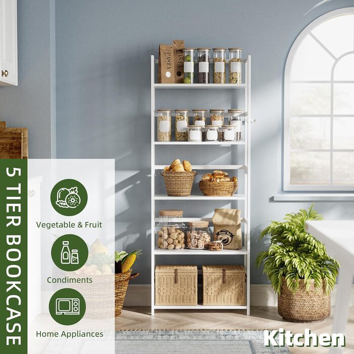 5-ярусна полиця для книг, індустріальна полиця з бамбуковим каркасом, сучасна полиця-вітрина, органайзер для зберігання з дерева для вітальні, домашнього офісу, рустичний колір (білий)