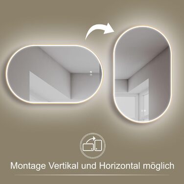 Дзеркало для ванної кімнати HOKO круглої форми 80 см з підсвічуванням, антизапарюванням, рамкою, сенсорним вимикачем, функцією пам'яті та регулюванням кольору світла (2700-6500K) - тепле, холодне, нейтральне світло (75 x 45 см, золотий овал)