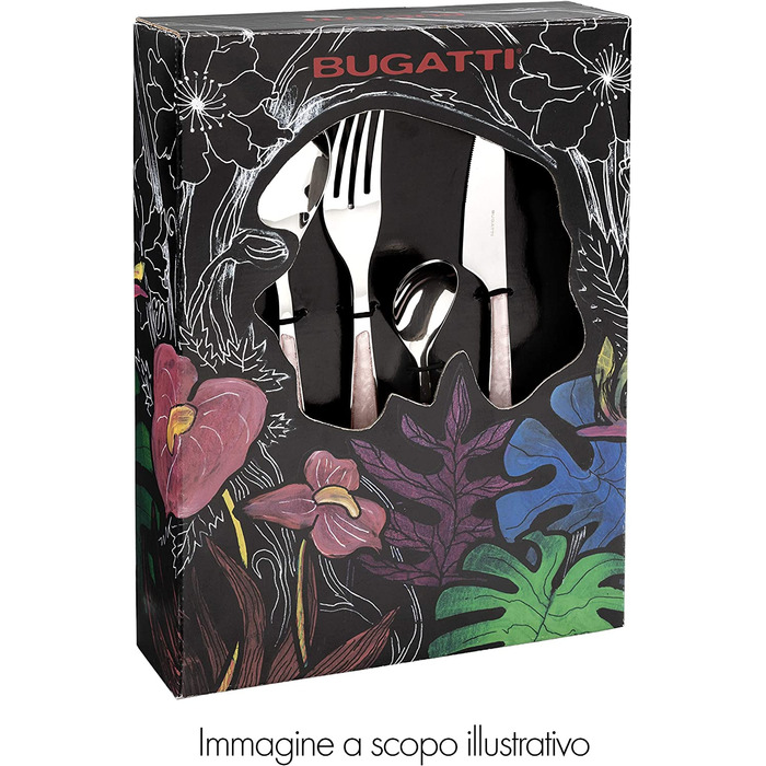 Набір столових приборів Bugatti Aladdin 24 шт. з нержавіючої сталі 18/10, хромуванням та ручками кольору онікс з перламутровим ефектом. Комплект на 6 осіб: 6 ложок, 6 виделок, 6 ножів та 6 чайних ложок