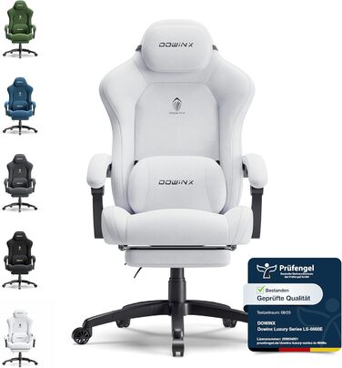 Ігровий крісло Dowinx з регульованою висотою масажного поперекового підтримувача, ергономічний дизайн, м'яка мікрофібра велюр, посилене сидіння, підголовник та підніжка в комплекті, регулювання на 155°, (Білий, Титан)