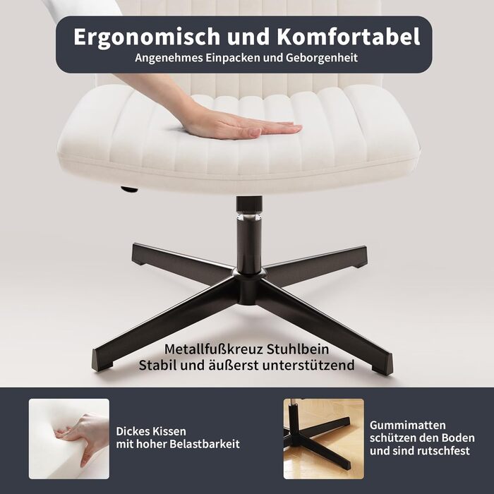 Офісне крісло Naspauluro без підлокітників, з тканинним покриттям, для роботи та відпочинку, з регулюванням висоти та функцією гойдання, поворотне на 360°, кремового кольору, без коліс