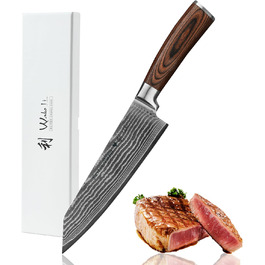 Японський ніж Wakoli EDIB Kiritsuke з дамаської сталі (серцевина VG10), 20 см – професійний ніж для кухні та приготування їжі, з ручкою з паккавуда, у подарунковій коробці з гравіюванням