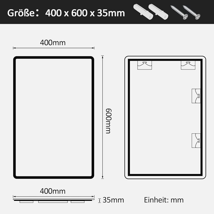 LED дзеркало для ванної кімнати Boromal 40x60 см з підсвічуванням та вимикачем, 6500K, холодний білий світ, стилізація Jf