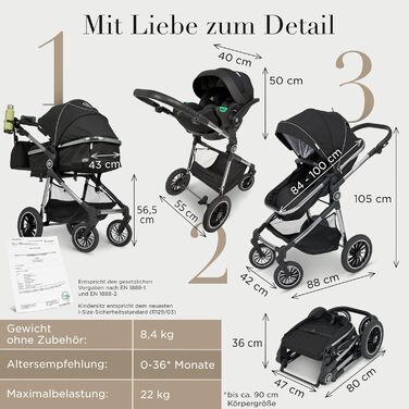 Дитяча коляска 3 в 1 з автокріслом та люлькою | Коляска для малюка з автокріслом, безпечний ремінь, легка оливкова | Без Isofix