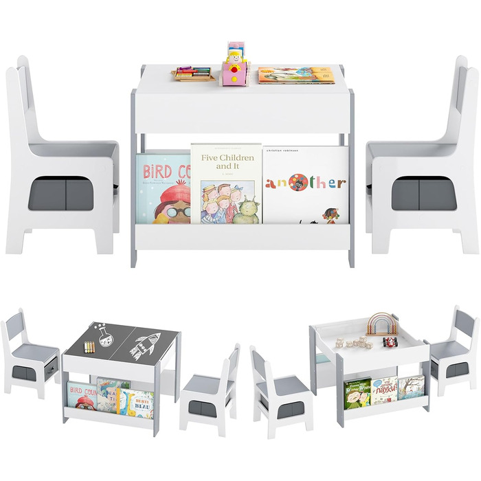 Детский стол со стульями COSTWAY 3 в 1: деревянный стол для рисования с ящиком и 2 стульями, для детей от 3 лет (Серый, Комбинированный)