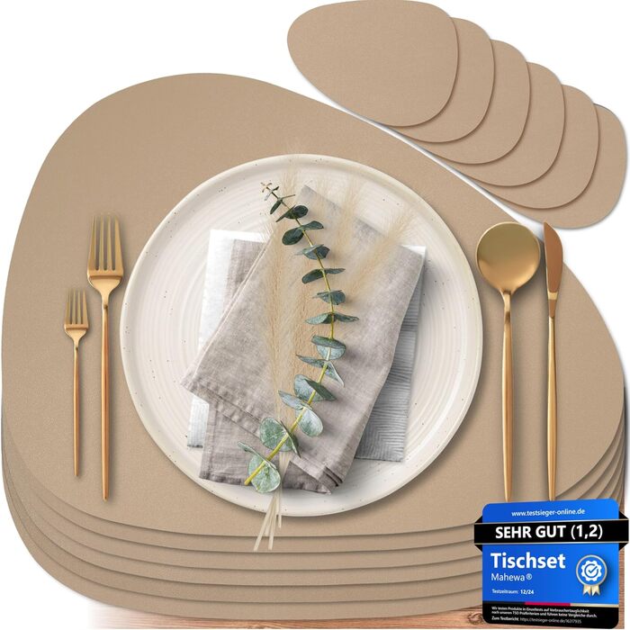 Набір Mahewa® з 6 преміум-підставників для столу з екошкіри - 6 підставок для тарілок, миючі та водонепроникні, овальної форми з тримачем (світло-коричневий)