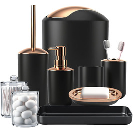 Набір аксесуарів для ванної кімнати, чорний: сміттєвий бак, дозатор мила, миска, щітка для унітазу, тримач для зубних щіток, попільничка, піднос, контейнер для ватних паличок, органайзер для стільниці, подарунковий набір, чорний/золотистий