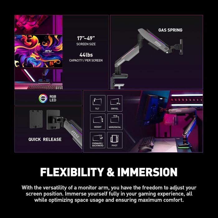 Підставка для монітора MSI MPG MT201R Premium RGB, сумісна з VESA, 17-49 дюймів, до 20 кг, регульована газо-пружинна кріплення, сіра