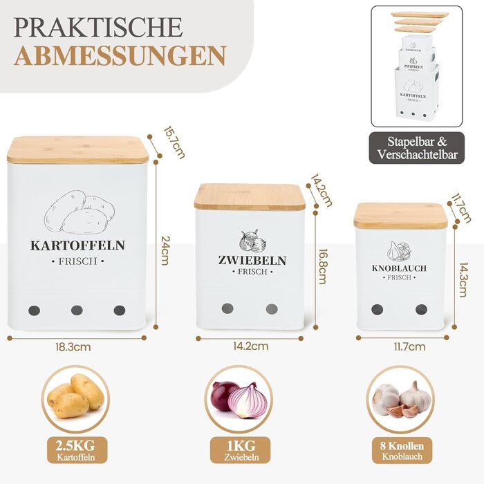 Коробки для зберігання картоплі, цибулі та часнику, 3 шт., з бамбуковим кришками, чорні