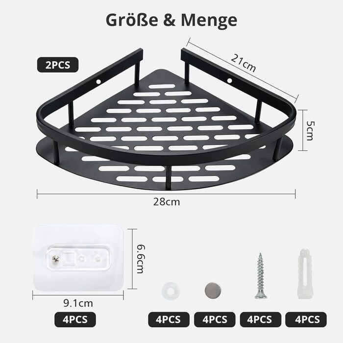 Душова полиця без свердління Душова полиця Чорна кутова полиця, Трикутний душовий кошик, Полиця для ванної кімнати Полиця для ванної кімнати, Душова кабіна для ванної кімнати Кухня Туалет, 2 шт.
