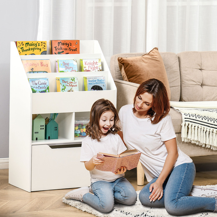 HOMCOM дитяча книжкова полиця, дитяча полиця з ящиком, 3 полицями та 2 відкритими полицями, полиця для зберігання в дитячій кімнаті, ігровій кімнаті, біла, 60 x 29,9 x 90 см | Aosom