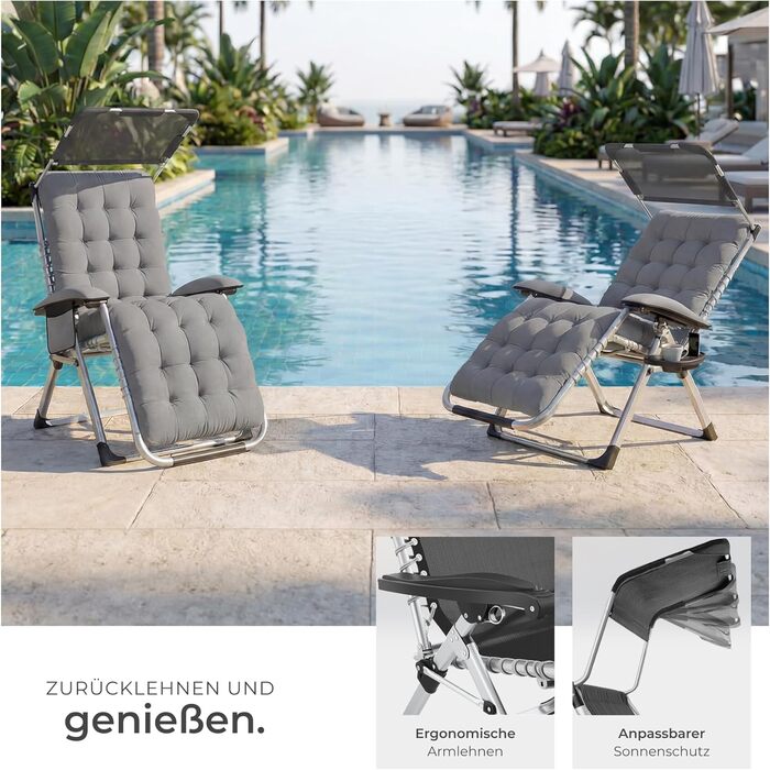 Шезлонг Tectake® розкладний з сонцезахисним дахом, для балкону та саду, місткість до 200 кг, сірий (1 шт.)