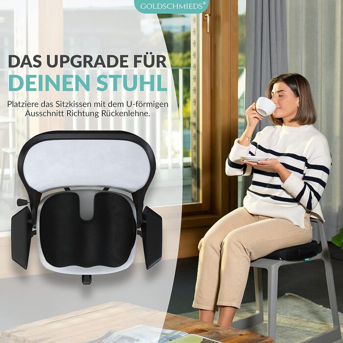 Ортопедична подушка для сидіння [Переможець тесту] Ергономічна оаза для офісного крісла, авто та ін. - Знімає навантаження зі сідничної кістки, знеболює та покращує кровообіг [Виготовлено в Німеччині] 50-95 кг Чорний пінополіуретан (Memory Foam)