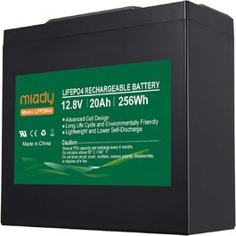 Акумулятор Miady 12V LiFePO4 із захистом BMS, 3000 циклів, не потребує обслуговування, 20 Ач для сонячної системи, автофургон, човен