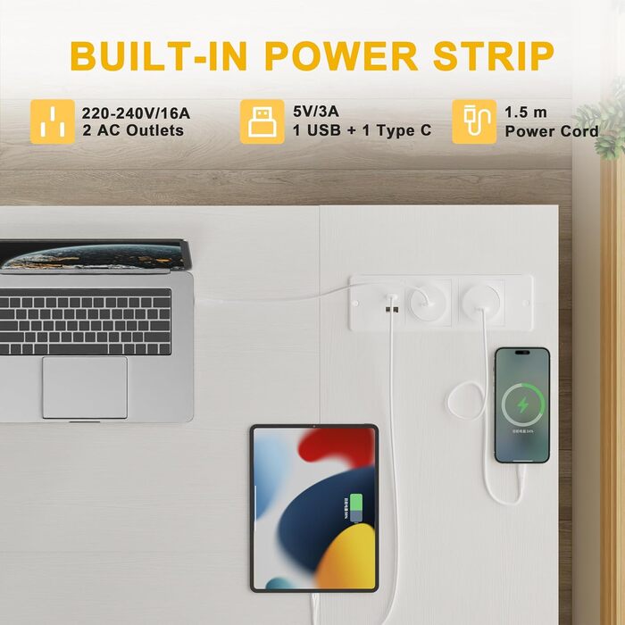 Кутовий стіл BEXEVUE для геймінгу та роботи 120x70 см з полицями, перекидний, для дому, офісу, навчання, (140 x 70 см, білий з розетками)