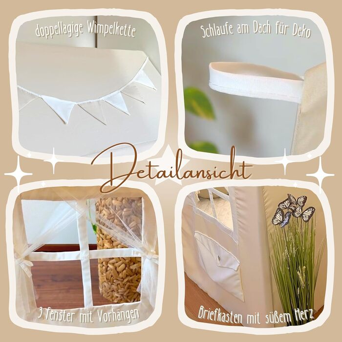 Дитячий будиночок LIONHERZ® DAS ORIGINAL з поштовою скринькою | Ігровий намет з килимком та гірляндою | Будиночок для дітей з 3 вікнами та щільним завісою | Намет для дитячої кімнати (кремово-білий)