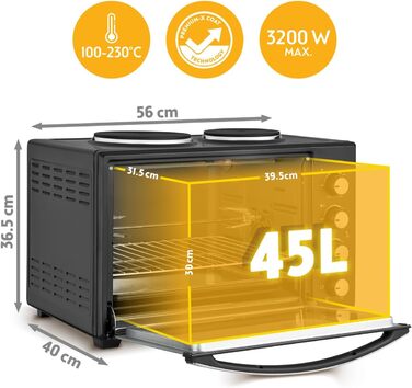 Міні-піч TZS First Austria 45L з плитами 3200 Вт - піч для піци з антипригарним покриттям, 4 рівні та аксесуари