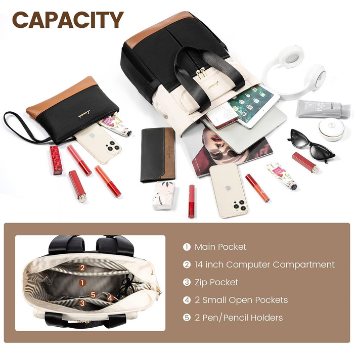 LOVEVOOK Рюкзак для жінок, 13.3 дюйми: компактний міський рюкзак, сумочка, елегантна сумка через плече, водонепроникний, для ноутбука, бежевий, чорний, коричневий
