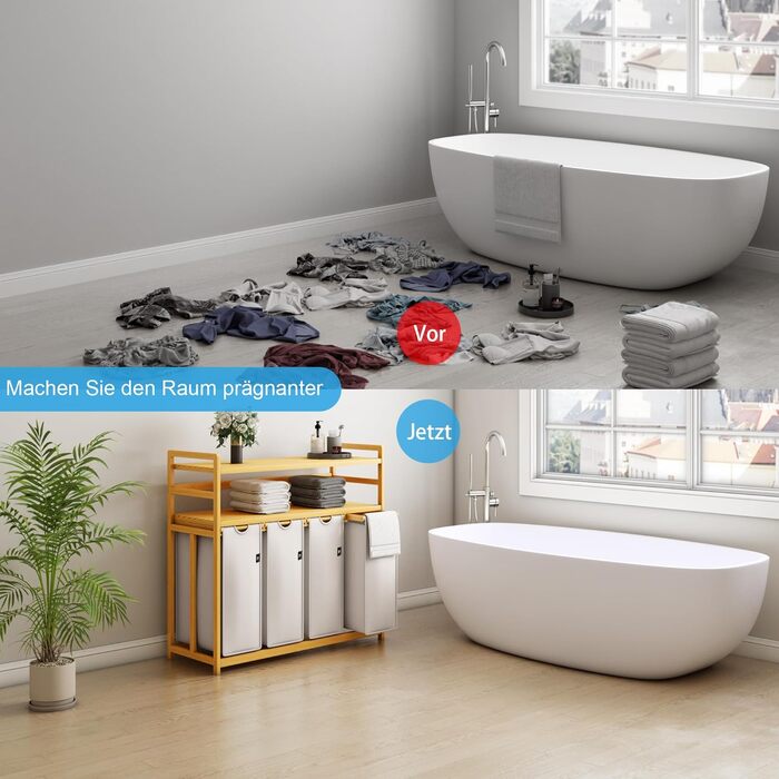Кошик для білизни AdelDream Premium 200L з 4 відділеннями, бамбуковий каркас, знімний мішок, бежевий колір. Органайзер для білизни у ванну кімнату та спальню