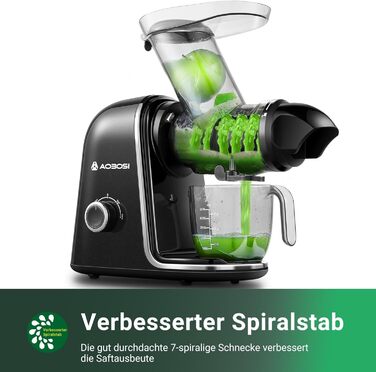 Електричний соковитискач AOBOSI Slow Juicer з 2 швидкостями - для овочів та фруктів, з 8-ступеневою шнековою системою, щіткою для очищення та 2 чашами, функція реверсу