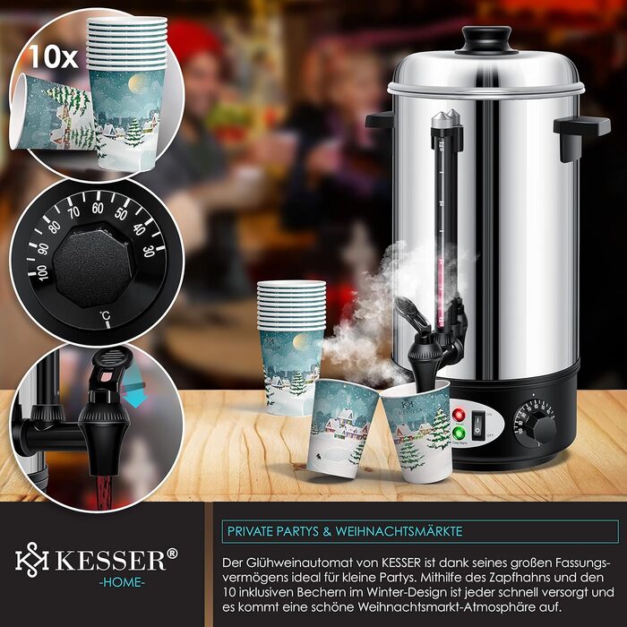 Глювайновий котел KESSER® 8L з нержавіючої сталі: котел для глінтвейну з термостатом, 10 склянок, дисплей рівня, кран, сріблястий