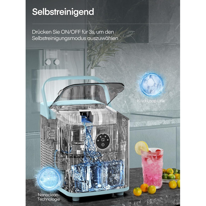 Льодогенератор FOHERE 14 кг/24 год, швидке виробництво льоду (5 хв), 2 розміри кулеподібного льоду, самоочищення, з ручкою, лопаткою та кошиком, для дому, офісу, вечірок (BabyBlue)