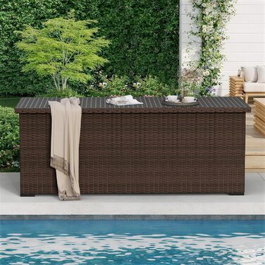 Водонепроникний садовий ящик Amopatio Gartenbox 650л з поліротангу для подушок, металевий з газовими амортизаторами, для саду та балкону, коричневий