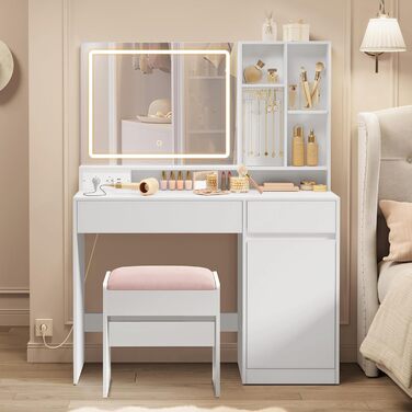 Дзеркальний туалетний столик VASAGLE з пуфом, 110 см, з підсвічуванням та розеткою, кольори: білий та пастельно-рожевий, RDT734W01