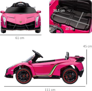 Дитячий електромобіль HOMCOM Lamborghini Veneno 12V з Bluetooth, музикою, пультом ДУ, для дітей 3-6 років, рожевий