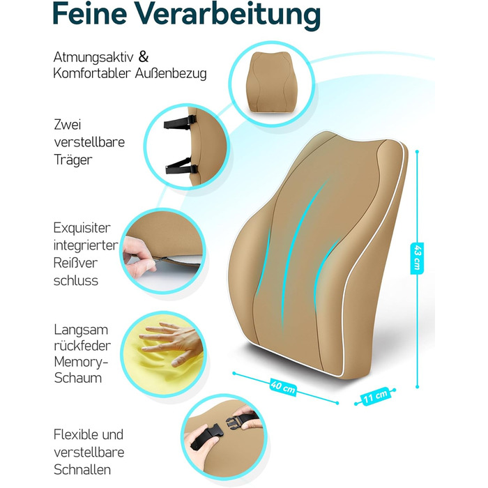Ергономічна поперекова подушка з піни з ефектом пам'яті Travel Easy, антистатичний чохол, для офісного крісла (хакі)