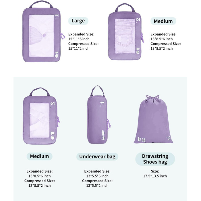 Набір органайзерів для валізи та рюкзака ECOHUB, компресійні пакувальні куби для одягу, 5 предметів (світло-фіолетовий)