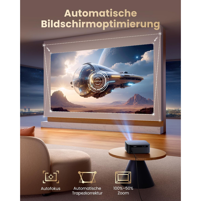 Beamer 4K для дому з Google TV, 1200 ANSI, Netflix, FHD 1080p, автофокус, корекція трапеції, 20W, WiFi6, Bluetooth, для вулиці, чорний