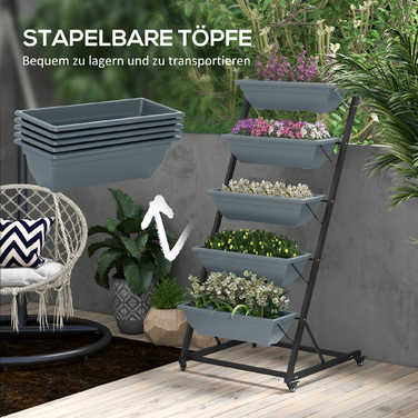 Сходинка для рослин / Квіткова сходинка / Полиця для рослин, стельова, стійка до погодних умов, 65 x 67 x 145 см, сірий + чорний