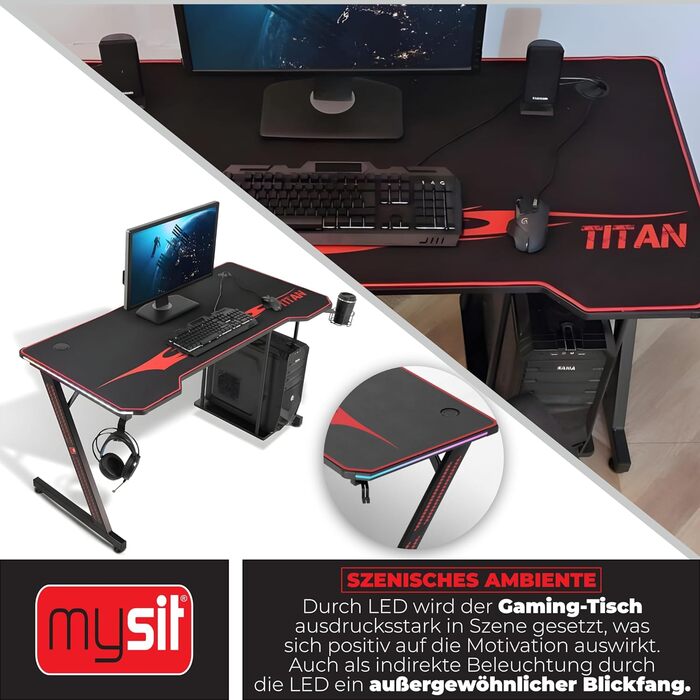 Ігровий стіл MY SIT Titan 140 см з підсвічуванням LED, тримачем для навушників, тримачем для ПК та напоїв, кабельною організацією, чорний
