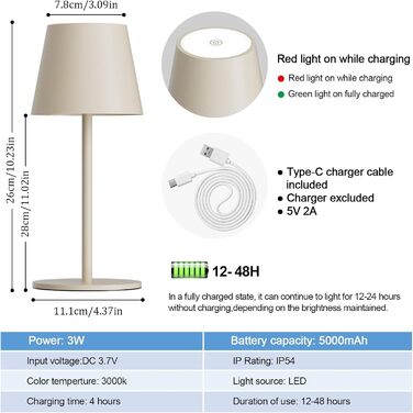 Лампа настільна LED акумуляторна Lundwa 26 см, 5000 mAh, IP54, 3W, 3000K, для кемпінгу, ресторану, спальні, бару (1 шт.)