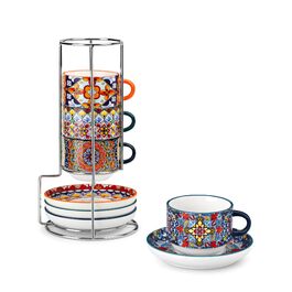 Набір чашок для еспресо Vancasso 4 шт., 150 мл SIMI з підставками та стійкою, керамічні чашки для еспресо, капучино, лате, мокко