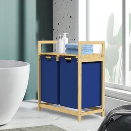 Бамбуковий кошик для білизни ML-Design, Ящик для білизни з 2 відділеннями, Збірник для білизни з 2 висувними мішками для білизни 60 л, Комод для білизни з полицею, Сортувальник білизни для ванної кімнати, Відро для білизни з полицею (темно-синій)