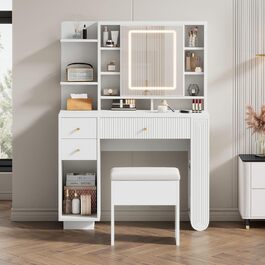Туалетний столик Merax з дзеркалом та LED-підсвічуванням, з поличкою, 6 шухляд та золотими ручками, білий, 102x100x41.5 см (без табуретки)