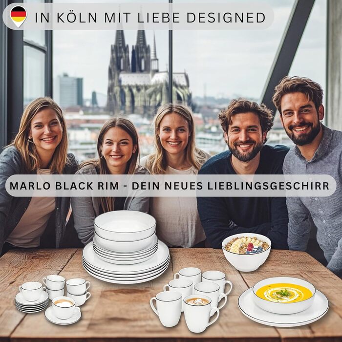 Набір чашок з блюдцем SÄNGER Marlo Black Rim (12 шт.), 6 персон, порцеляна, 200 мл | Преміум якість