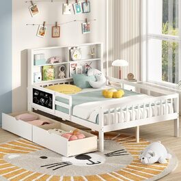 Двоспальне ліжко COSTWAY 140x200 з бортиками, дощечкою для малювання, 2 шухлядами та полицею, біле дерев'яне ліжко для дітей