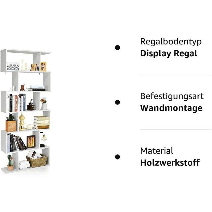 Книжкова шафа COSTWAY, стояча полиця з 6 рівнями, 192 x 80 x 23 см, офісна полиця дерев'яна, полиця для документів, полиця для зберігання з кріпильним матеріалом, перегородка для вітальні, спальні, офісу (біла)