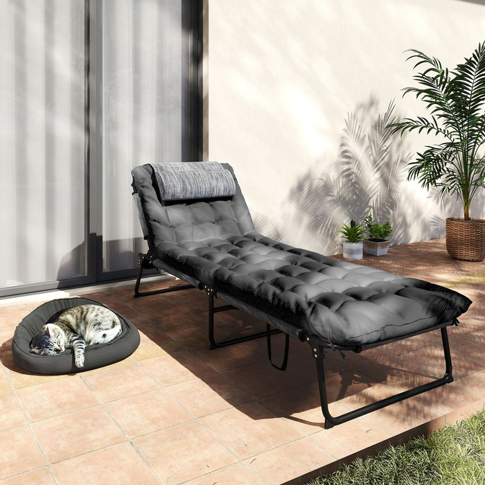 Розкладний шезлонг для саду з підголовником, лежак з регульованою спинкою (4 положення) та бічною кишенею, колір чорний